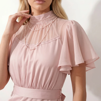 Sheer Flutter Sleeve Belted Mock Neck Solid Satin Slit Maxi Dress