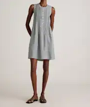 Sleeveless Mini Gingham Pin Tuck Button Front Linen Shift Dress