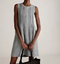 Sleeveless Mini Gingham Pin Tuck Button Front Linen Shift Dress
