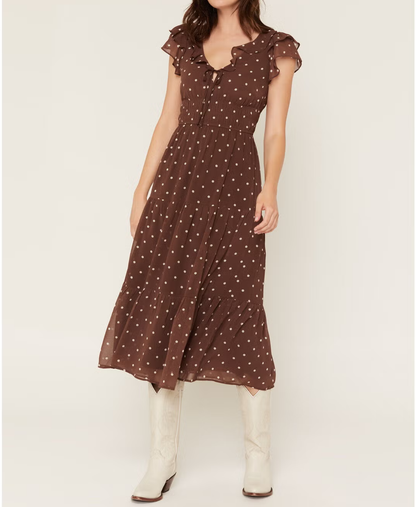 Ruffle V Neck Tie Front Smocked Waist Polka Dot Tiered Midi Dress