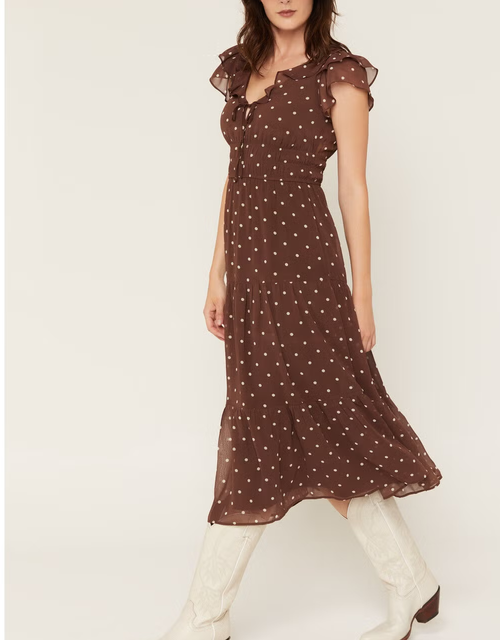 Ruffle V Neck Tie Front Smocked Waist Polka Dot Tiered Midi Dress
