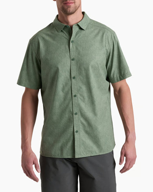 Men’s Heather Green Stretch Quick Dry UPF 30+ Short Sleeve Button Down Shirt