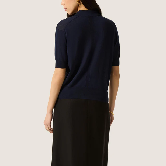 Silk Blend Short Sleeve Collared Knit Polo Top
