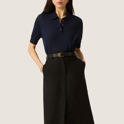 Silk Blend Short Sleeve Collared Knit Polo Top