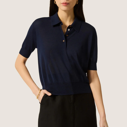 Silk Blend Short Sleeve Collared Knit Polo Top