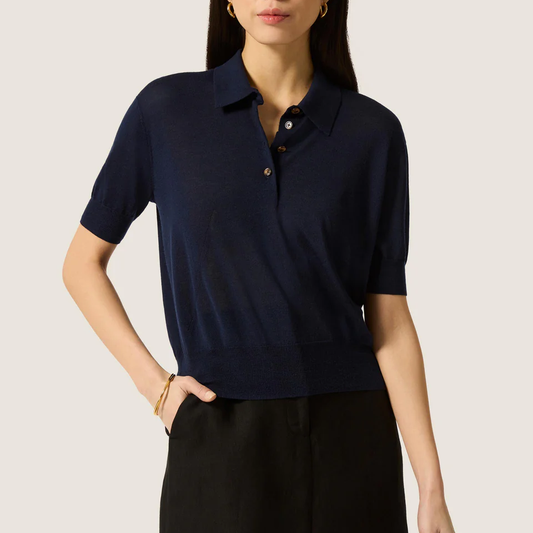 Silk Blend Short Sleeve Collared Knit Polo Top