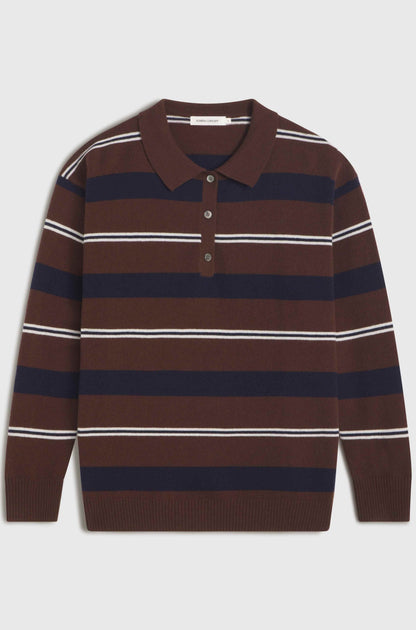 Wool Oversized Striped Long Sleeve Polo Knit Top