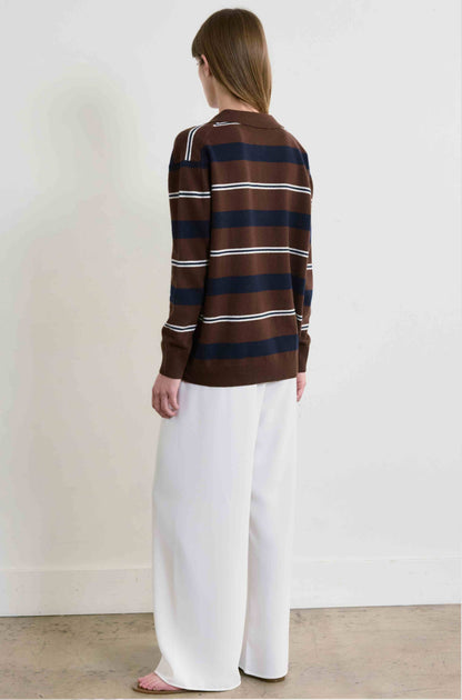 Wool Oversized Striped Long Sleeve Polo Knit Top